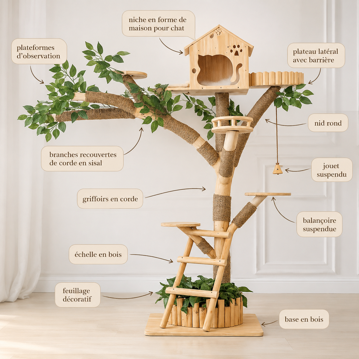 Arbre à chat intérieur et extérieur en bois naturel avec niche, plateformes d’observation, griffoirs en sisal, échelle, balançoire et feuillage décoratif.
