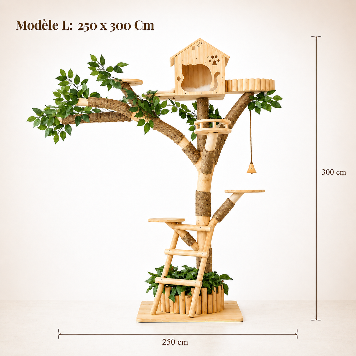 Arbre à chat intérieur et extérieur en bois naturel, modèle 3 m de haut et 250 cm de large, avec niche en hauteur, plateformes, échelle, griffoirs en sisal et feuillage décoratif.