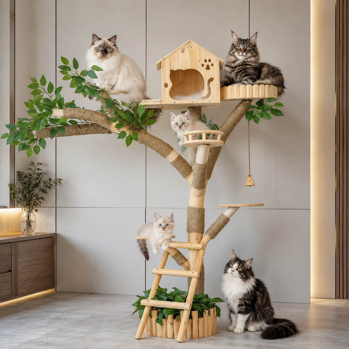 Arbre à chat intérieur et extérieur pour Maine Coon, Sacré de Birmanie et Norvégien, avec cabane, plateformes et échelle dans un appartement moderne.