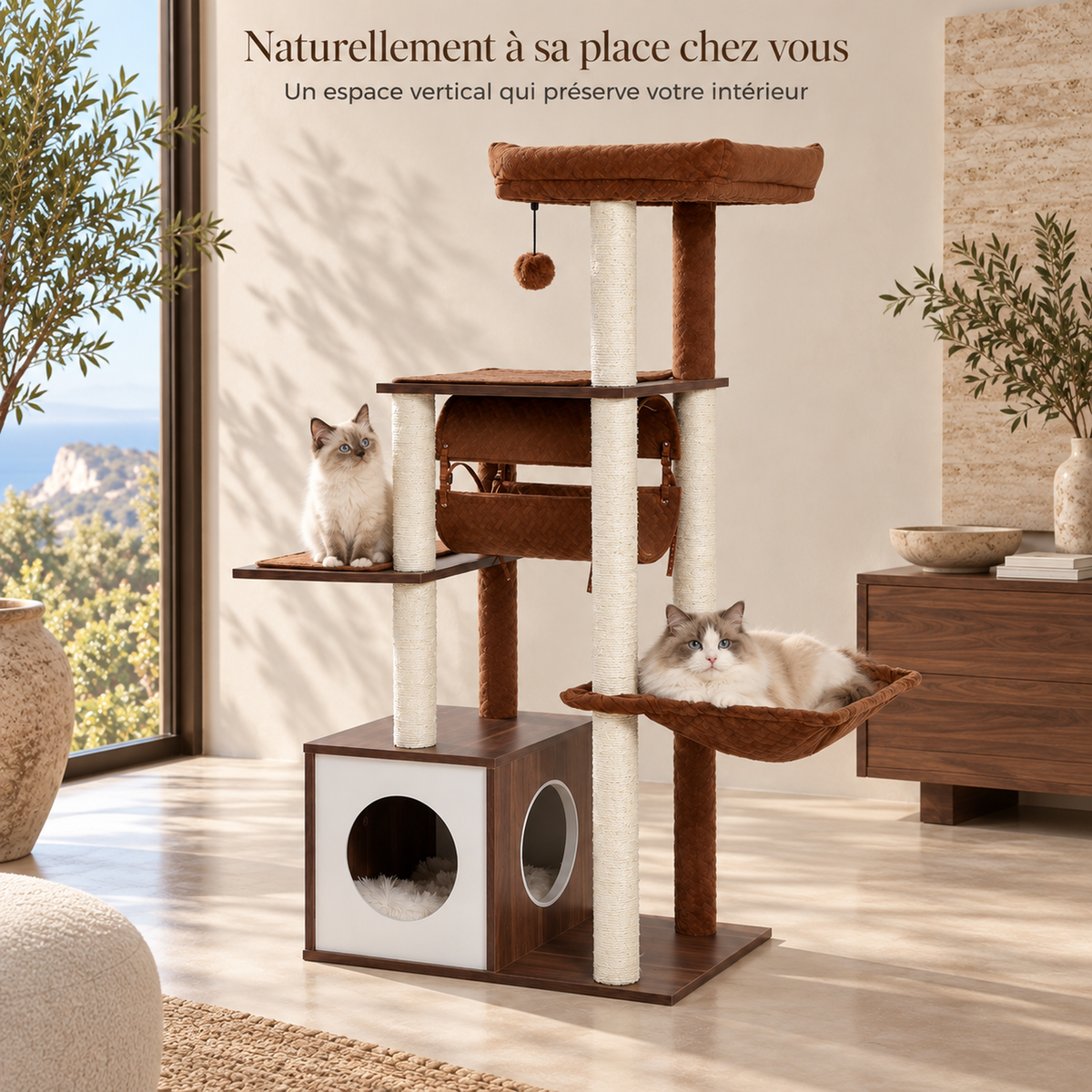 Arbre à chat moderne marron intégré dans un salon contemporain avec deux chatons au repos