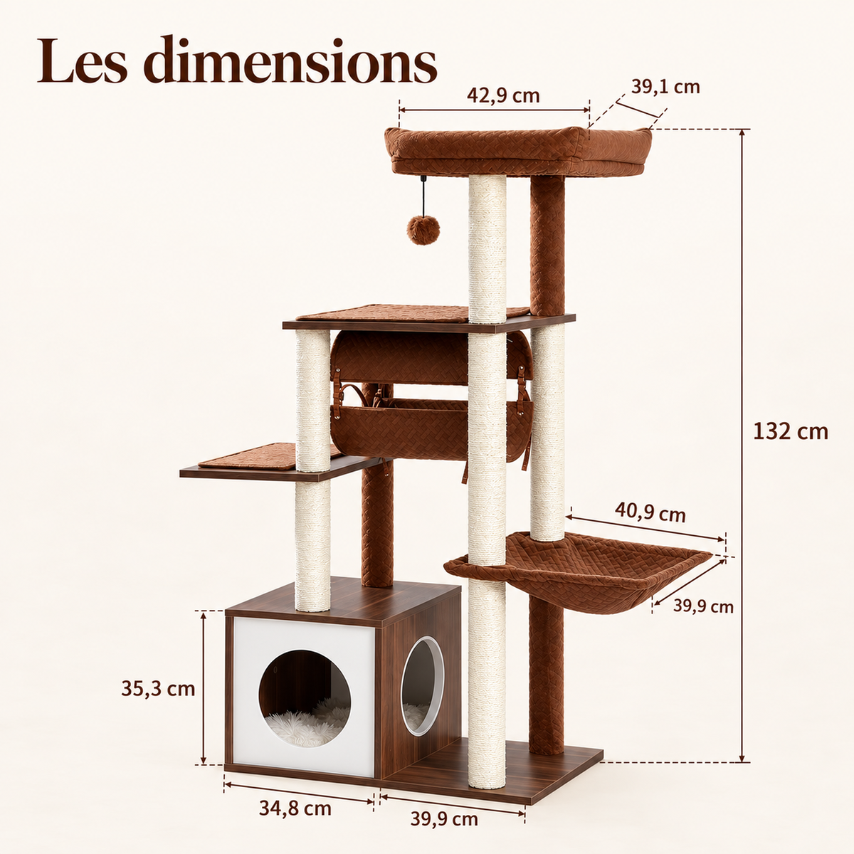 Dimensions en centimètres de l’arbre à chat marron de 132 cm avec condo, tunnel et hamac