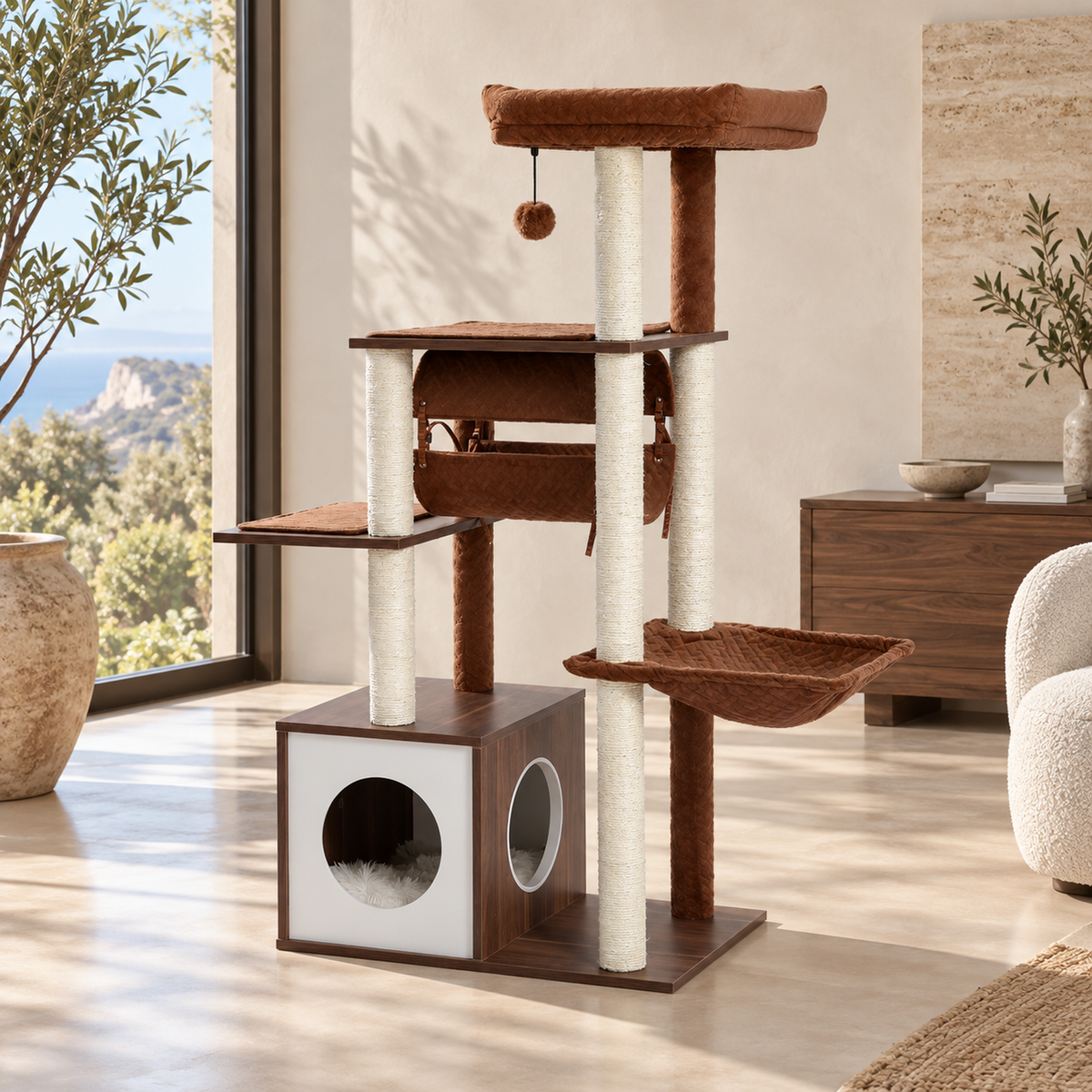 Arbre à chat moderne marron pour chats d’intérieur avec condo, tunnel, hamac et couchage surélevé