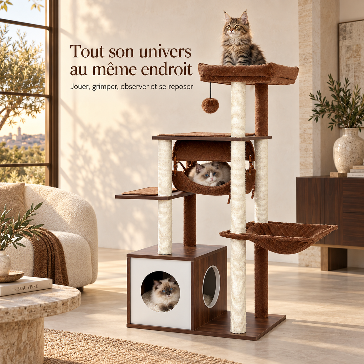 Trois chatons profitent du couchage, du tunnel et de la niche de l’arbre à chat marron