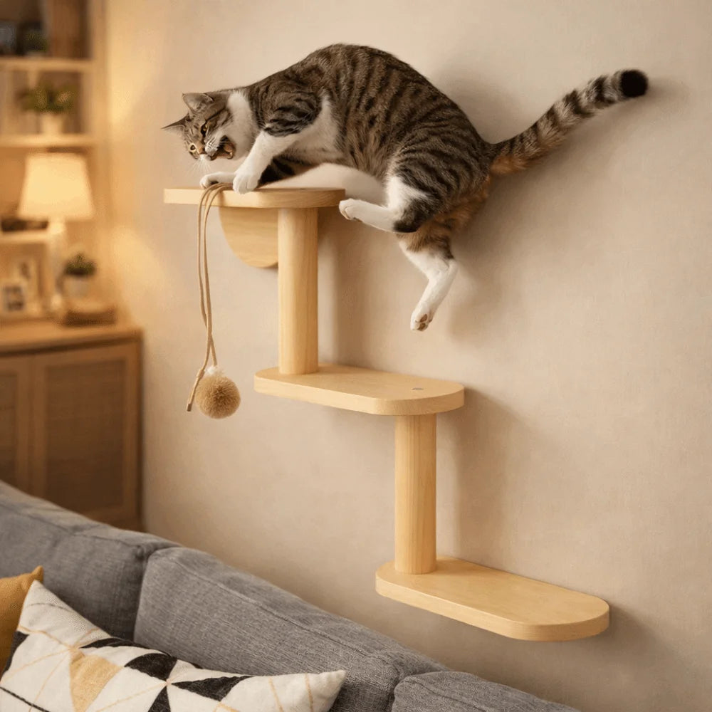 Chat tigré jouant sur la plateforme haute d'un arbre à chat mural 3 niveaux en bois clair