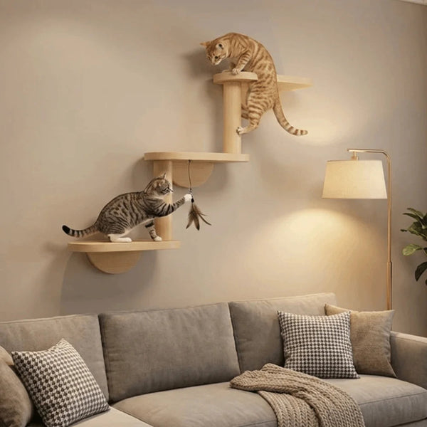 Deux chats jouant sur les plateformes d'un arbre à chat mural en bois clair au-dessus d'un canapé