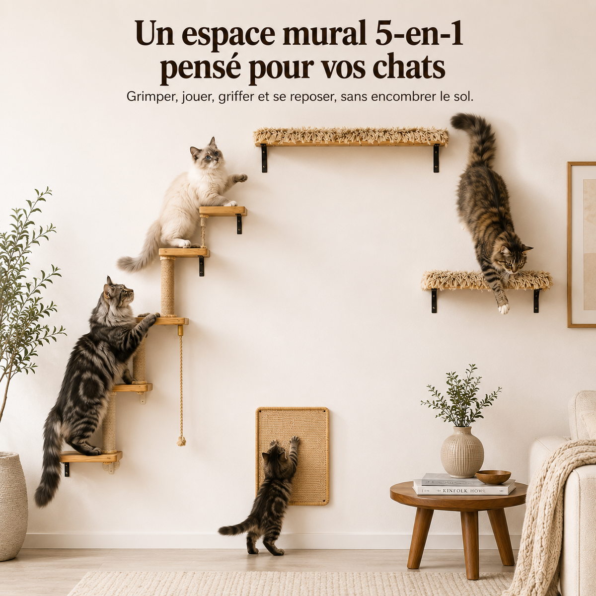 Arbre à chat mural 5-en-1 en bois clair avec plateformes, poteau en sisal, corde et griffoir mural, utilisé par plusieurs Maine Coons et un Ragdoll dans un salon moderne
