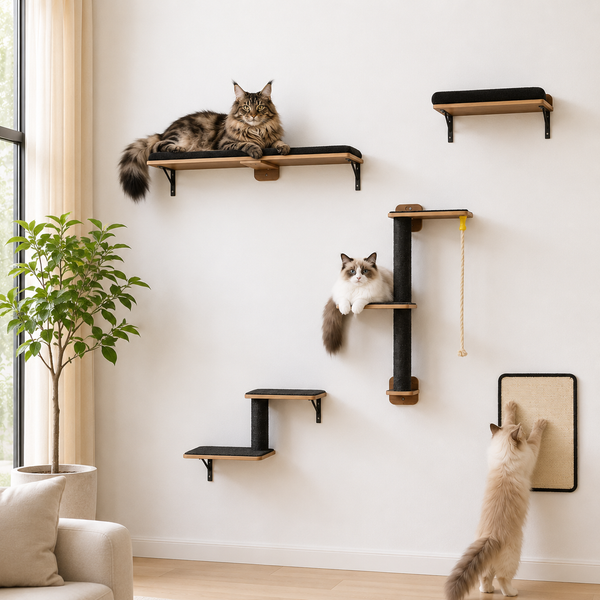 Arbre à chat mural 5-en-1 en bois noir installé dans un salon, avec plateformes, poteaux griffoirs, corde et griffoir mural utilisés par trois chats