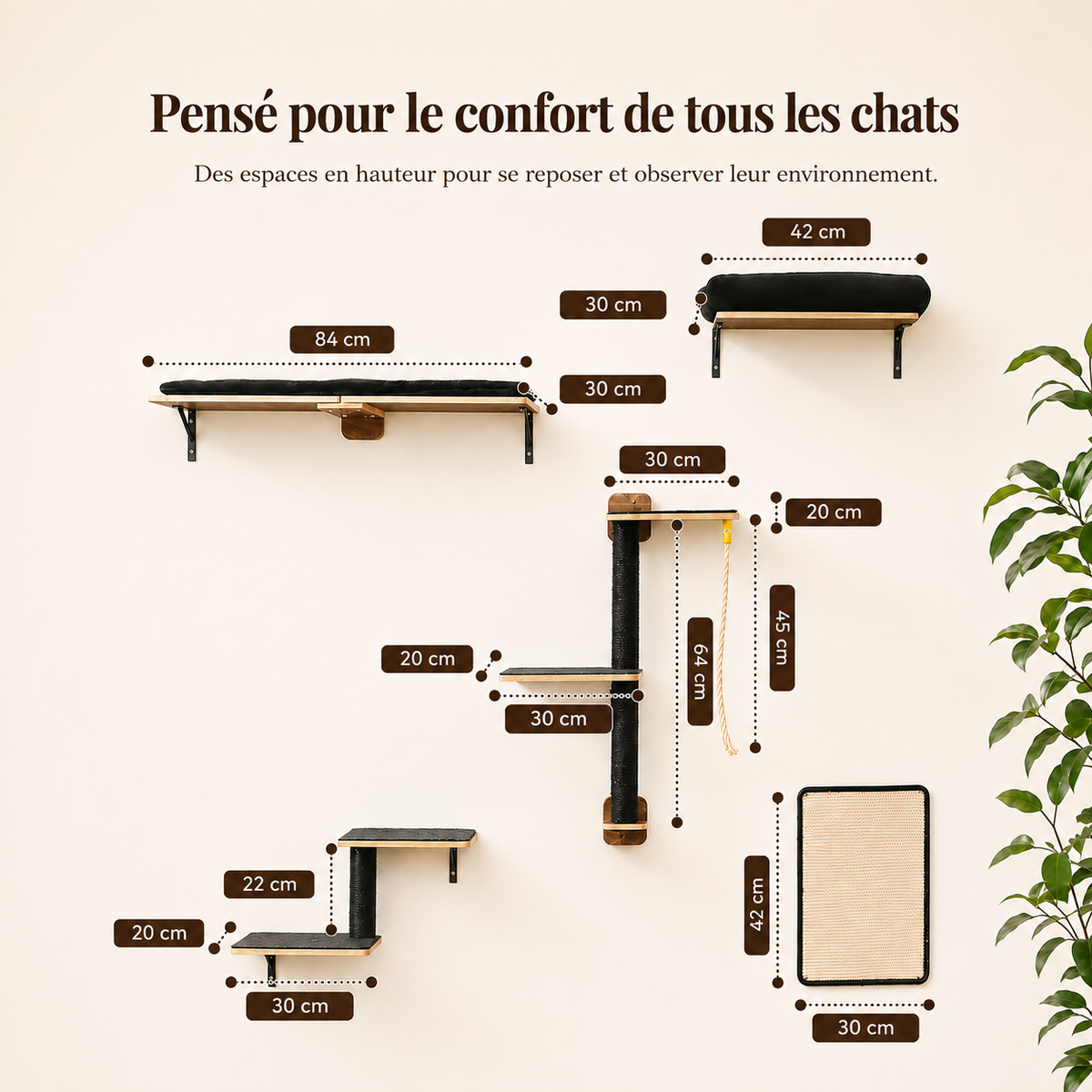 Dimensions de l’arbre à chat mural 5-en-1 en bois noir avec plateformes de 84 et 42 cm, poteaux griffoirs en sisal, corde et griffoir mural de 42 × 30 cm