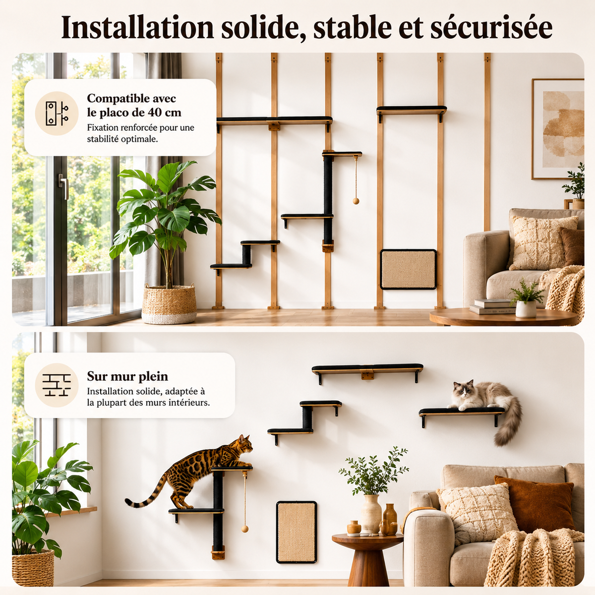 Arbre à chat mural 5-en-1 en bois noir installé sur placo de 40 cm et mur plein, avec plateformes, poteau griffoir et griffoir mural, utilisé par un Ragdoll et un Bengal dans un salon moderne.