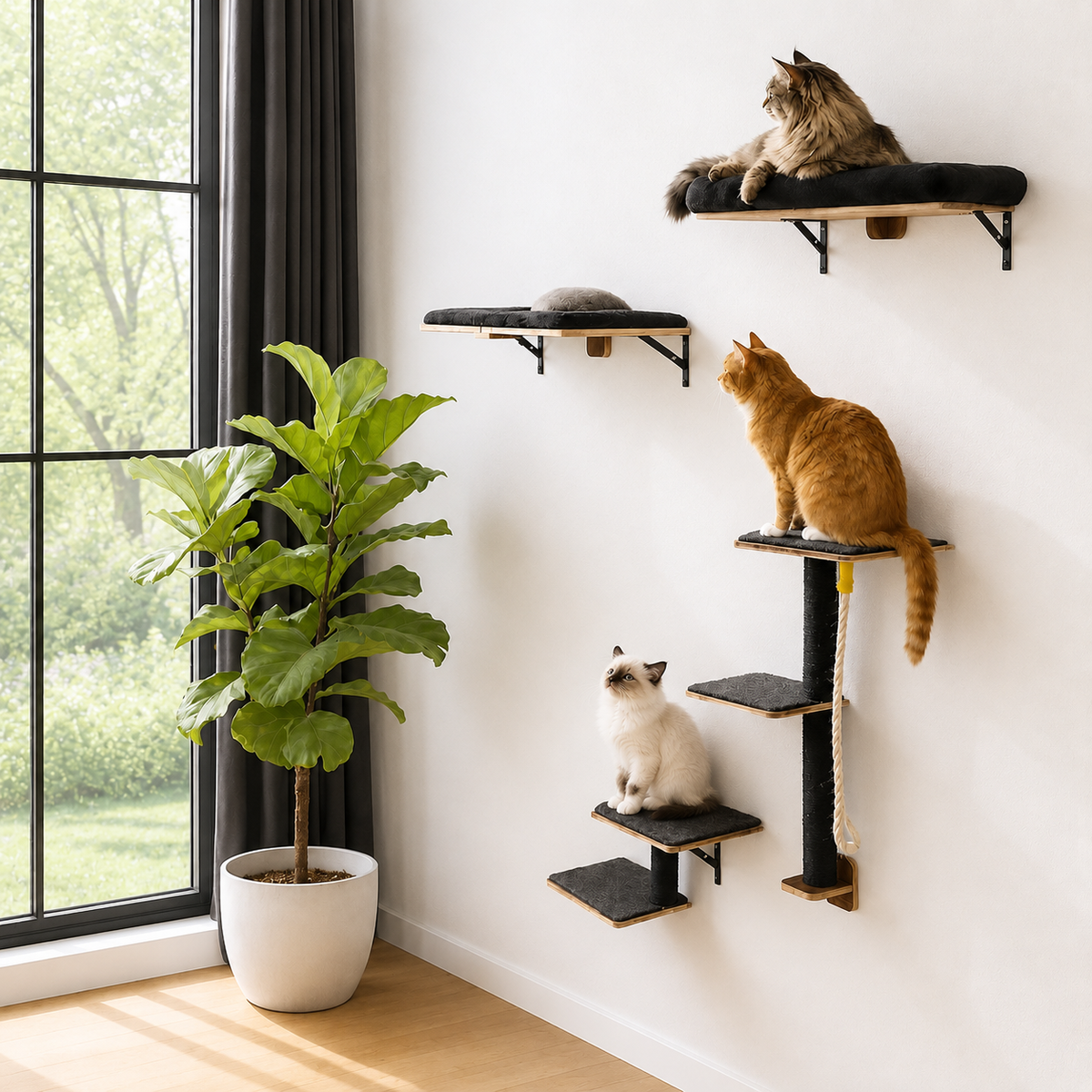 Arbre à chat mural 5-en-1 noir et bois avec plateformes rembourrées, poteaux griffoirs en sisal et corde, utilisé par un Maine Coon brun, un chat roux à poil long et un Ragdoll dans un salon moderne