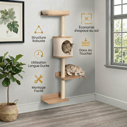 infographie arbre à chat mural bois beige deux chats niche et plateforme structure robuste montage facile économie espace doux au toucher