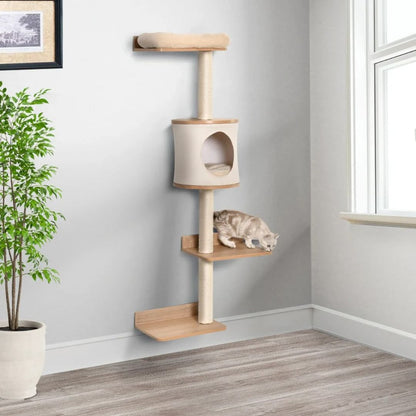 arbre à chat mural en bois fixé au mur coin de pièce 4 niveaux niche ronde griffoir sisal chat tigré sur plateforme bois
