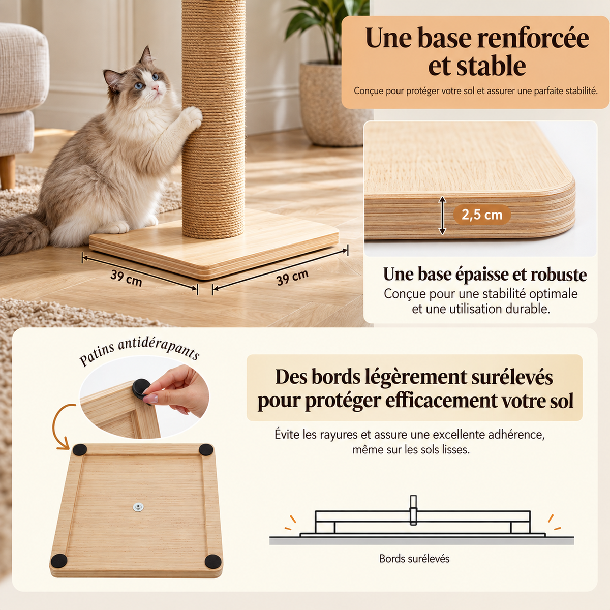 Arbre à chat sol-plafond en bois naturel réglable de 200,5 à 261,5 cm, Alticat
