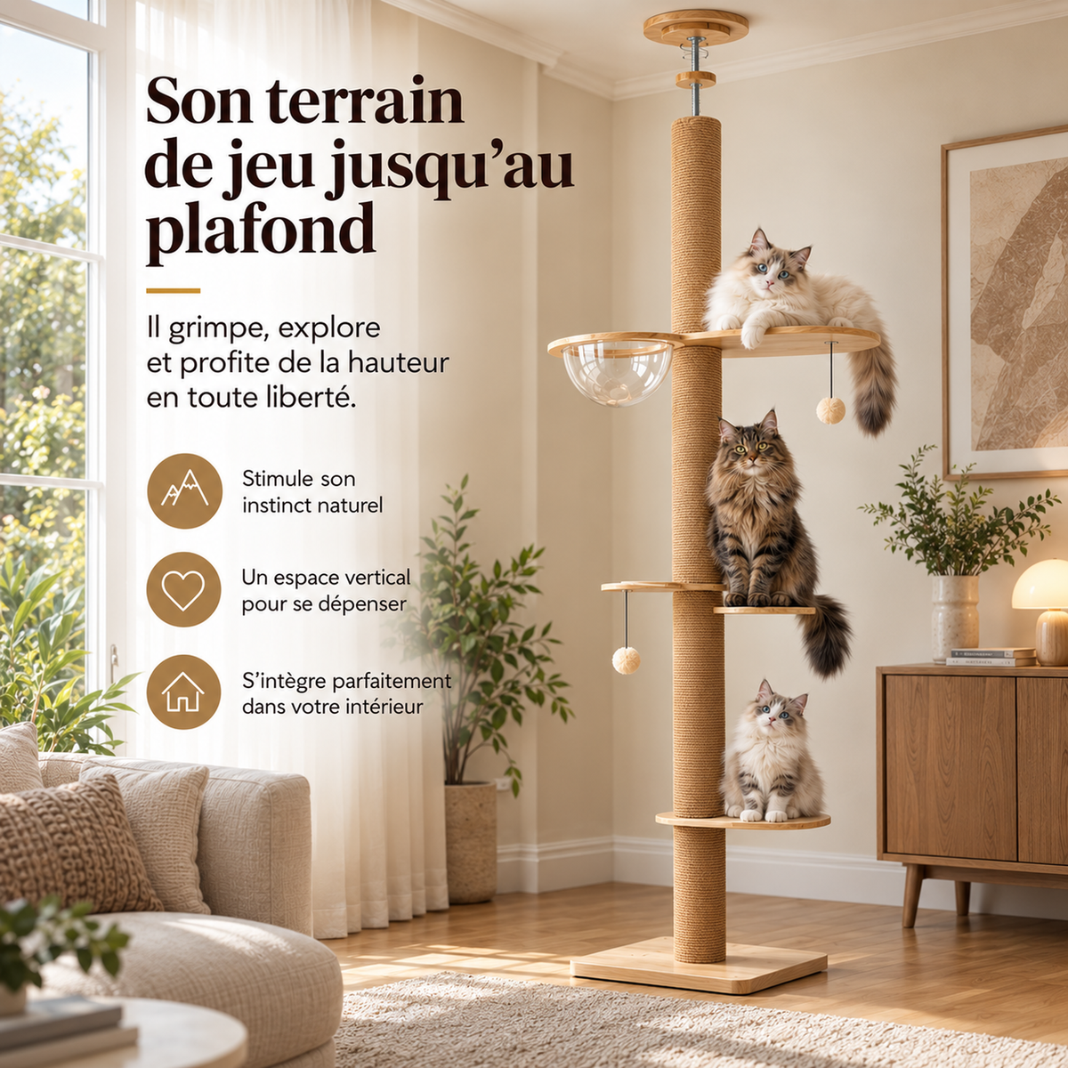 Arbre à chat sol-plafond en bois naturel réglable de 200,5 à 261,5 cm, Alticat