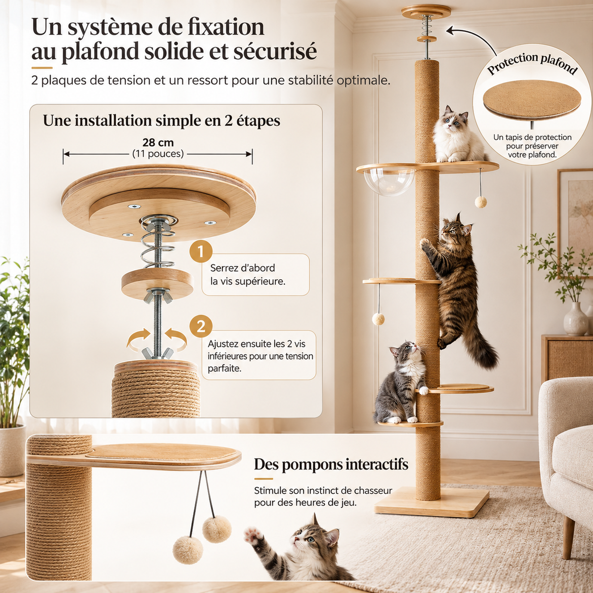 Arbre à chat sol-plafond en bois naturel réglable de 200,5 à 261,5 cm, Alticat