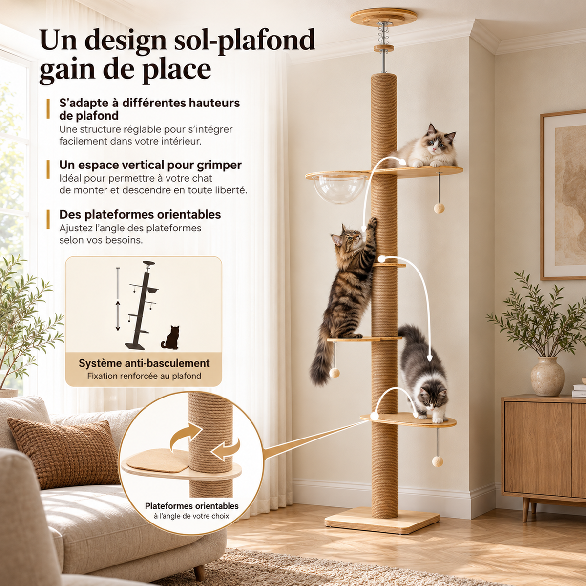 Arbre à chat sol-plafond en bois naturel réglable de 200,5 à 261,5 cm, Alticat