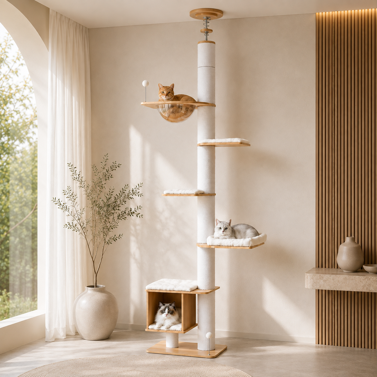 Arbre à chat du sol au plafond en bois dans un salon lumineux, avec plateformes rembourrées, poteaux griffoirs, niche et couchage transparent, utilisé par un chat roux de type British Shorthair, un chat gris de type British Longhair et un Ragdoll.