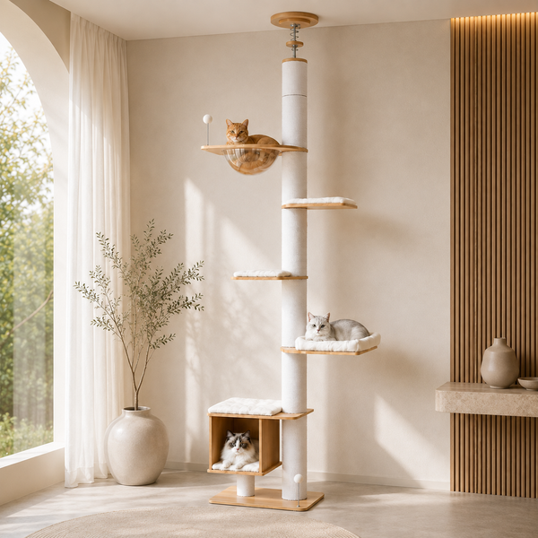 Arbre à chat du sol au plafond en bois dans un salon lumineux, avec plateformes rembourrées, poteaux griffoirs, niche et couchage transparent, utilisé par un chat roux de type British Shorthair, un chat gris de type British Longhair et un Ragdoll.