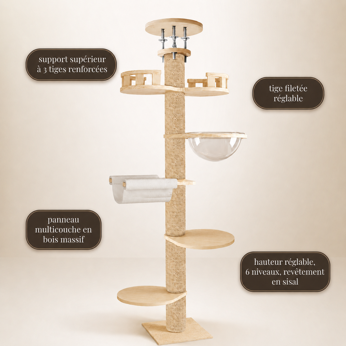 Arbre à chat sol plafond hauteur réglable avec 6 niveaux, support supérieur à 3 tiges renforcées, tige filetée réglable, plateformes en bois massif et griffoir en sisal.
