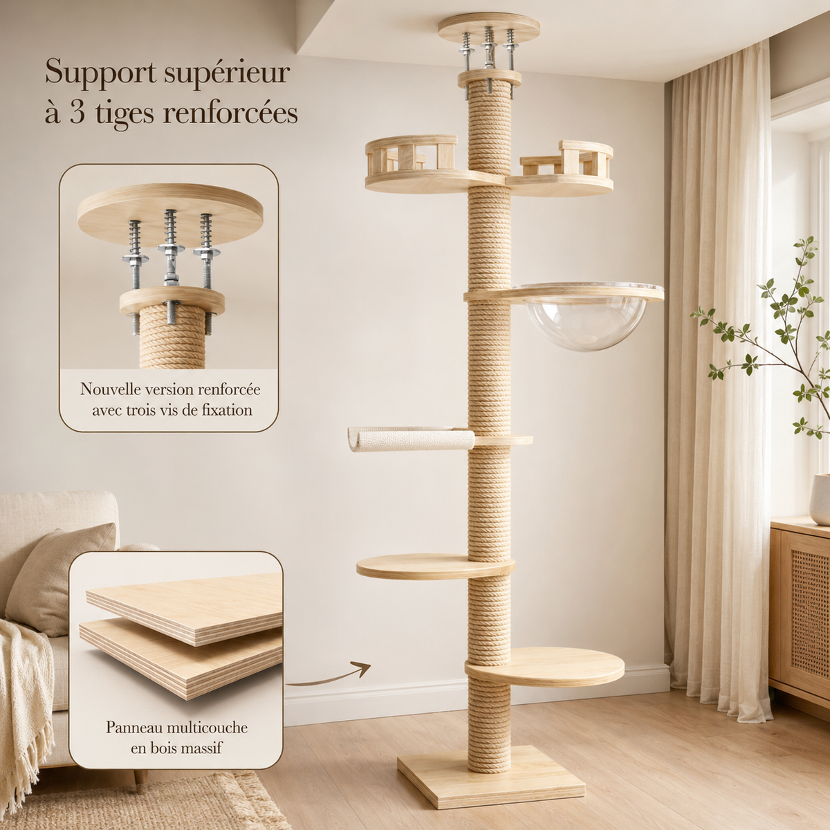 Arbre à chat sol plafond en bois massif avec support supérieur à 3 tiges renforcées, plateformes en sisal et bulle transparente dans un intérieur scandinave beige.