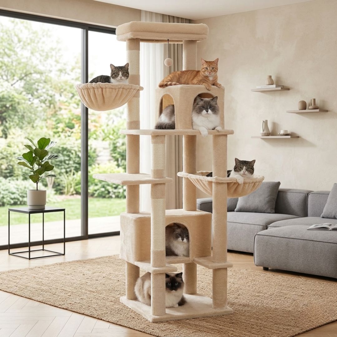 Grand arbre à chat beige XXL installé dans un salon moderne avec 6 chats répartis sur les plateformes, hamacs et cabanes, griffoirs en sisal pour chat d'intérieur