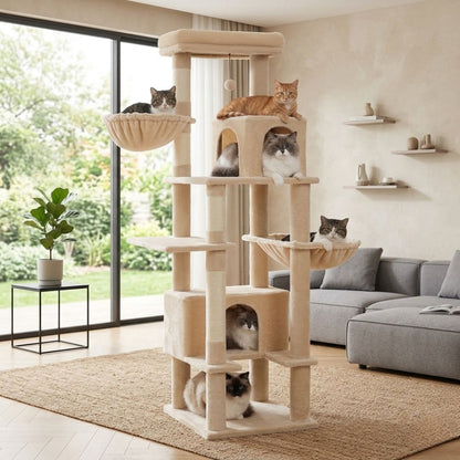 Grand arbre à chat beige XXL installé dans un salon moderne avec 6 chats répartis sur les plateformes, hamacs et cabanes, griffoirs en sisal pour chat d'intérieur