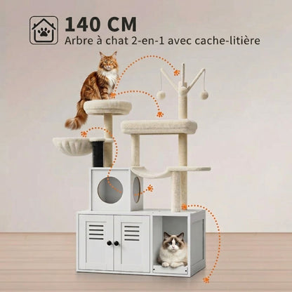 Arbre à chat 2-en-1 140cm, Maine Coon roux en hauteur, Ragdoll dans niche basse, parcours multi-niveaux flèches orange