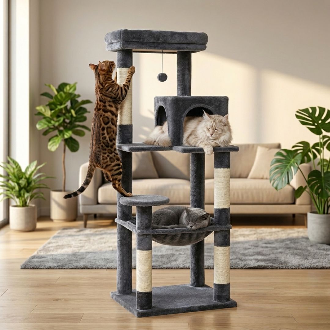 Arbre à chat design peluche gris foncé 143cm, cabane arche intégrée, grand hamac confortable, plateforme ronde, griffoir sisal, Bengal Maine Coon British Shorthair appartement plantes British Shorthair salon