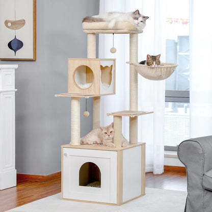 Arbre à chat bois naturel 144cm multi-niveaux, grande niche entrée arche, cabane ronde, hamac peluche beige, griffoir sisal, 3 chats Ragdoll Tabby appartement