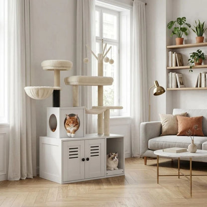 Arbre à chat 2-en-1 blanc 140cm dans appartement moderne, griffoir sisal, peluche beige, cache-litière bois portes ventilées