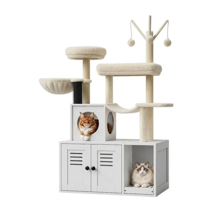 Arbre à chat XXL 140cm blanc fond blanc, cabane cube 2 entrées, hamac peluche, plateformes rondes, griffoir sisal, cache-litière