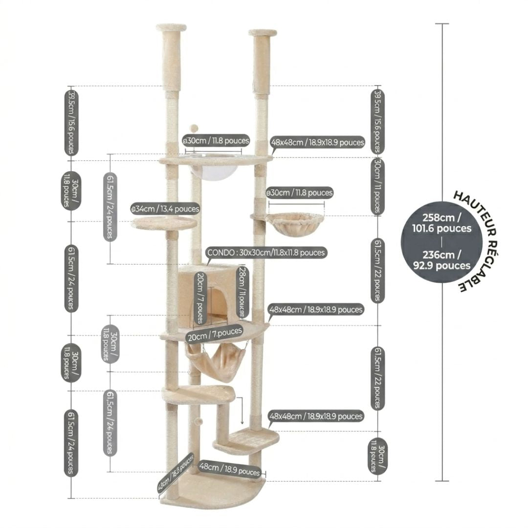 Dimensions arbre à chat d'angle sol plafond 236-258cm réglable : base 48x48cm, cabane 30x30cm, hamac 48x48cm, corbeille 30cm, plateforme ronde 34cm, griffoir sisal