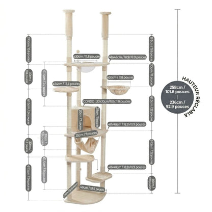 Dimensions arbre à chat d'angle sol plafond 236-258cm réglable : base 48x48cm, cabane 30x30cm, hamac 48x48cm, corbeille 30cm, plateforme ronde 34cm, griffoir sisal