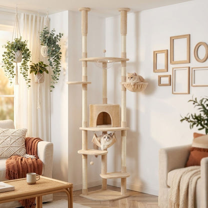 Arbre à chat d'angle sol plafond beige réglable, cabane arche, hamac suspendu, corbeille peluche, hamac transparent, griffoir sisal, Ragdoll British Shorthair salon bohème
