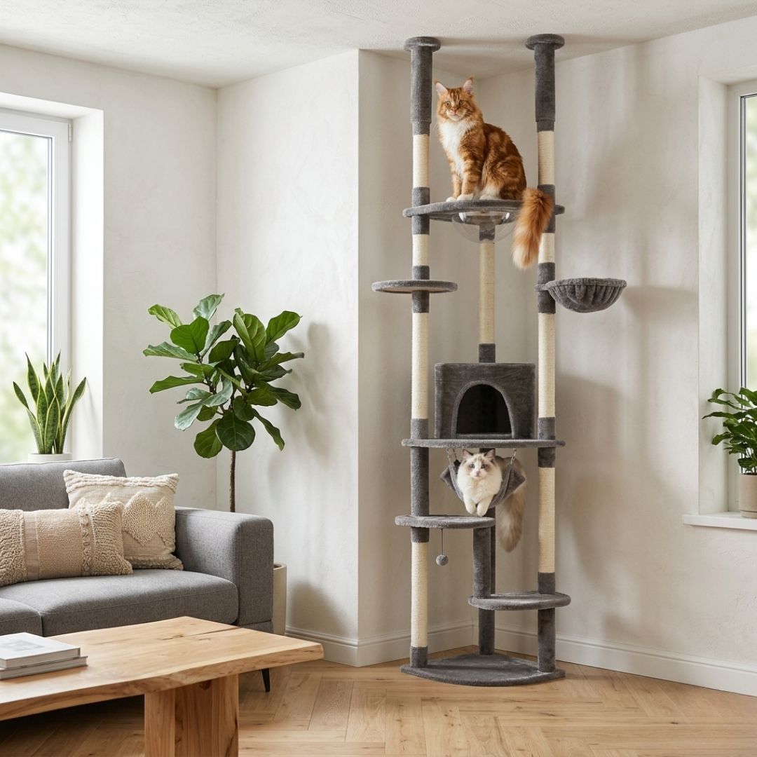 Arbre à chat d'angle sol plafond gris réglable, cabane arche peluche, hamac suspendu gris, corbeille ronde, hamac transparent, griffoir sisal, Maine Coon Ragdoll salon moderne