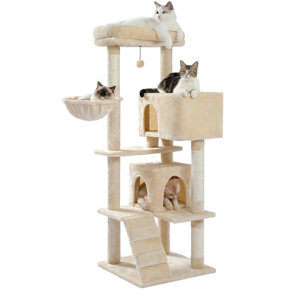 arbre à chat beige double niche hamac et rampe fond blanc avec chat blanc Ragdoll tabby et chat roux griffoir sisal