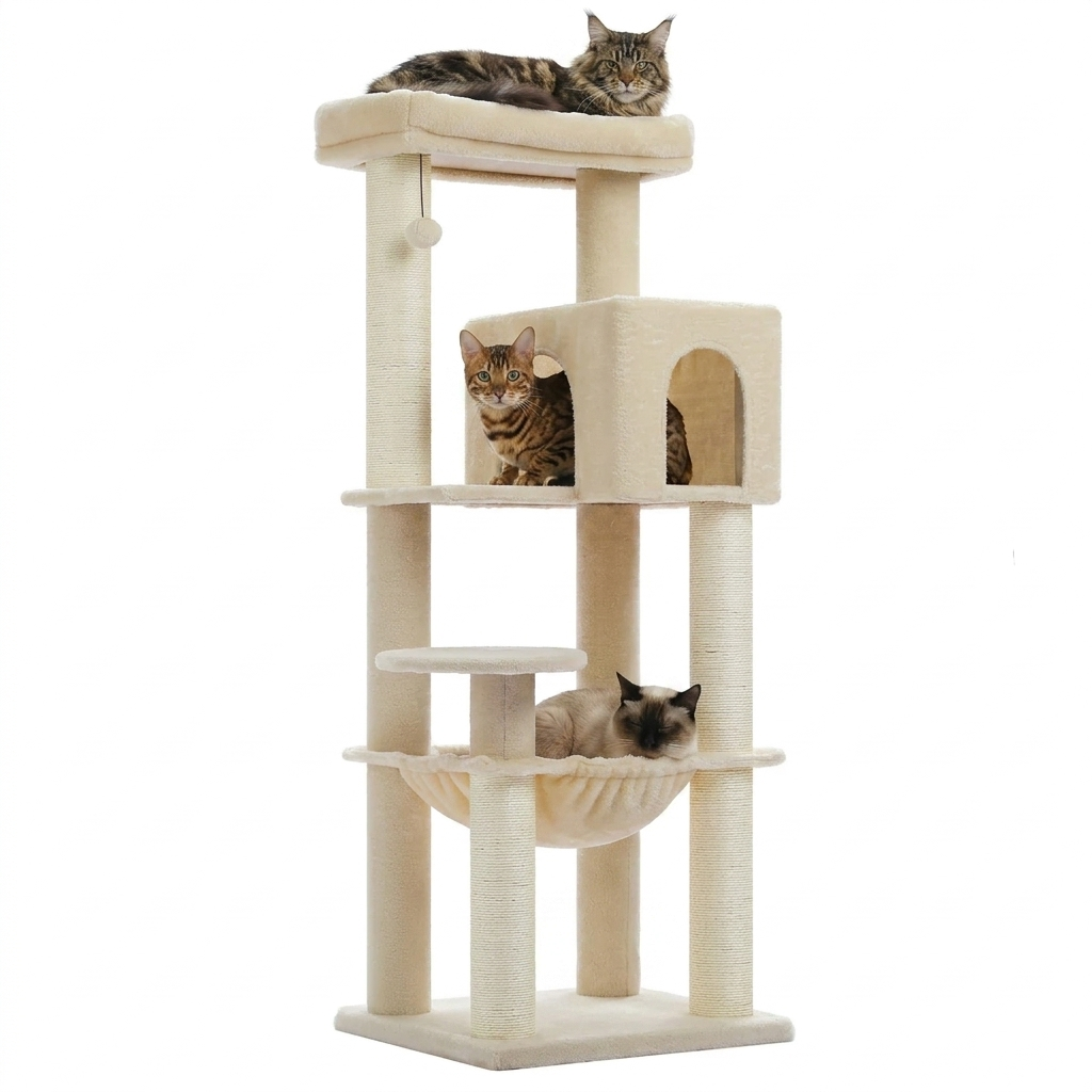 arbre à chat beige multi-niveaux fond blanc Maine Coon en haut Bengal dans la niche et Siamois dans le hamac griffoir sisal
