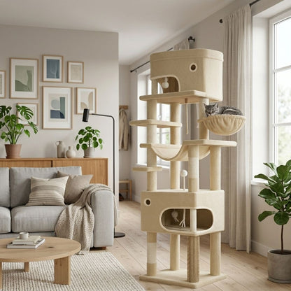 arbre à chat beige XXL dans salon scandinave lumineux, cabane cylindrique haute, hamac suspendu, griffoir sisal, chat Tabby endormi hamac, plantes vertes parquet