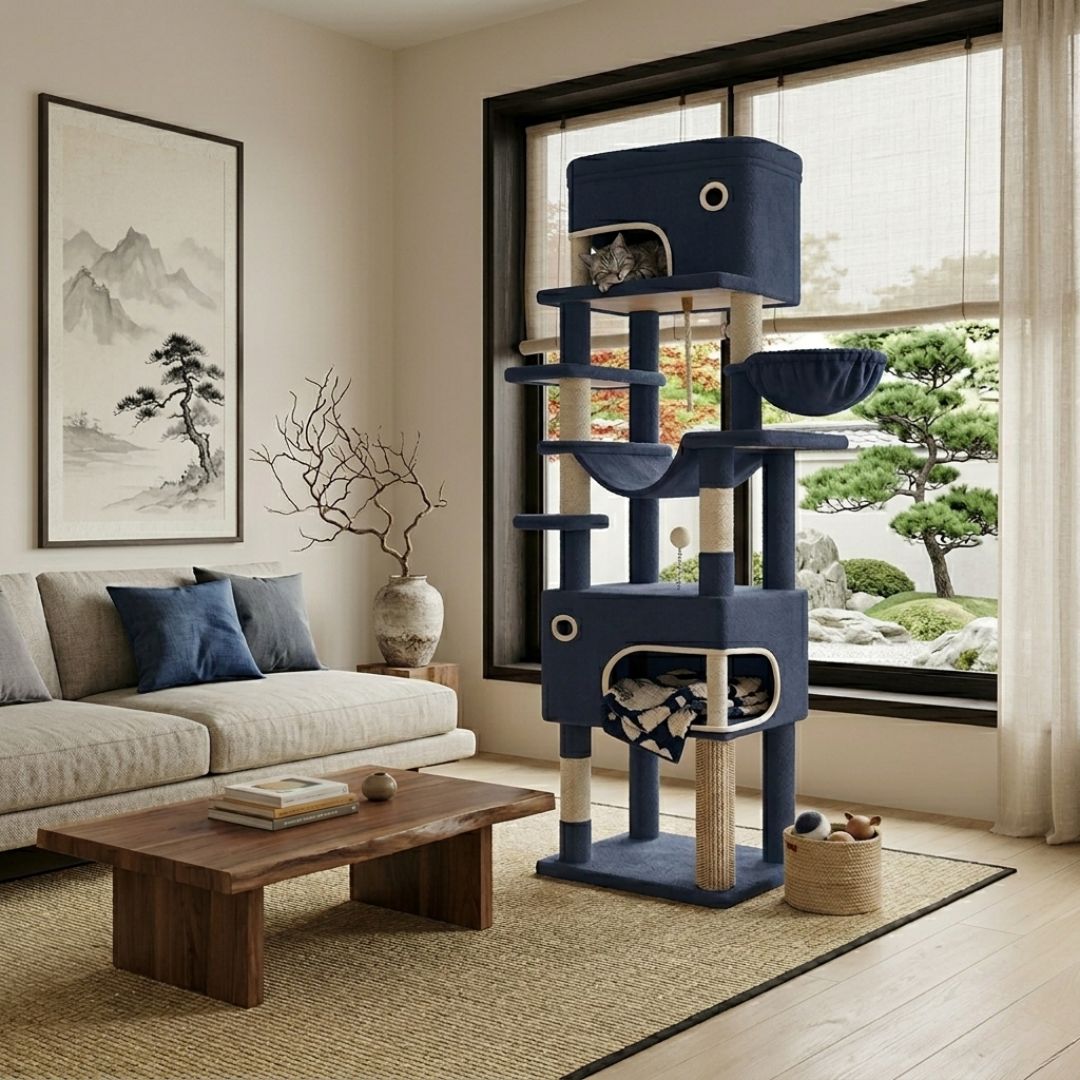 arbre à chat XXL bleu marine multi-niveaux, 2 cabanes superposées, grand hamac bleu, griffoir sisal, décoration japonaise zen appartement