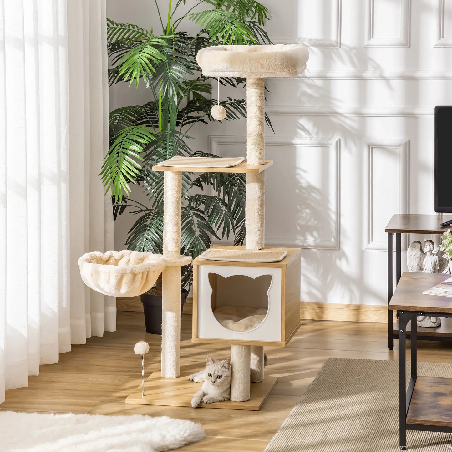 Arbre à chat bois naturel beige 126cm avec cabane forme tête chat, hamac peluche, plateforme sisal et pompon suspendu, pour chat appartement