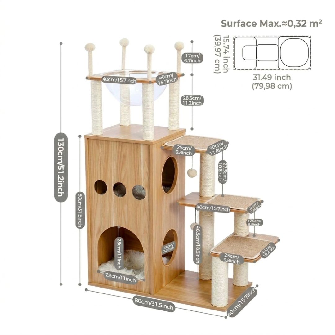 Dimensions arbre à chat tour bois 130cm : base 80x40cm, niche 28x28cm, escalier 3 marches 40cm, plateforme haute 40x40cm, hamac transparent 40cm, surface totale 0.32m²