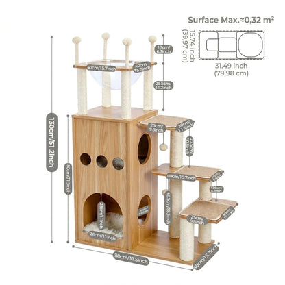 Dimensions arbre à chat tour bois 130cm : base 80x40cm, niche 28x28cm, escalier 3 marches 40cm, plateforme haute 40x40cm, hamac transparent 40cm, surface totale 0.32m²