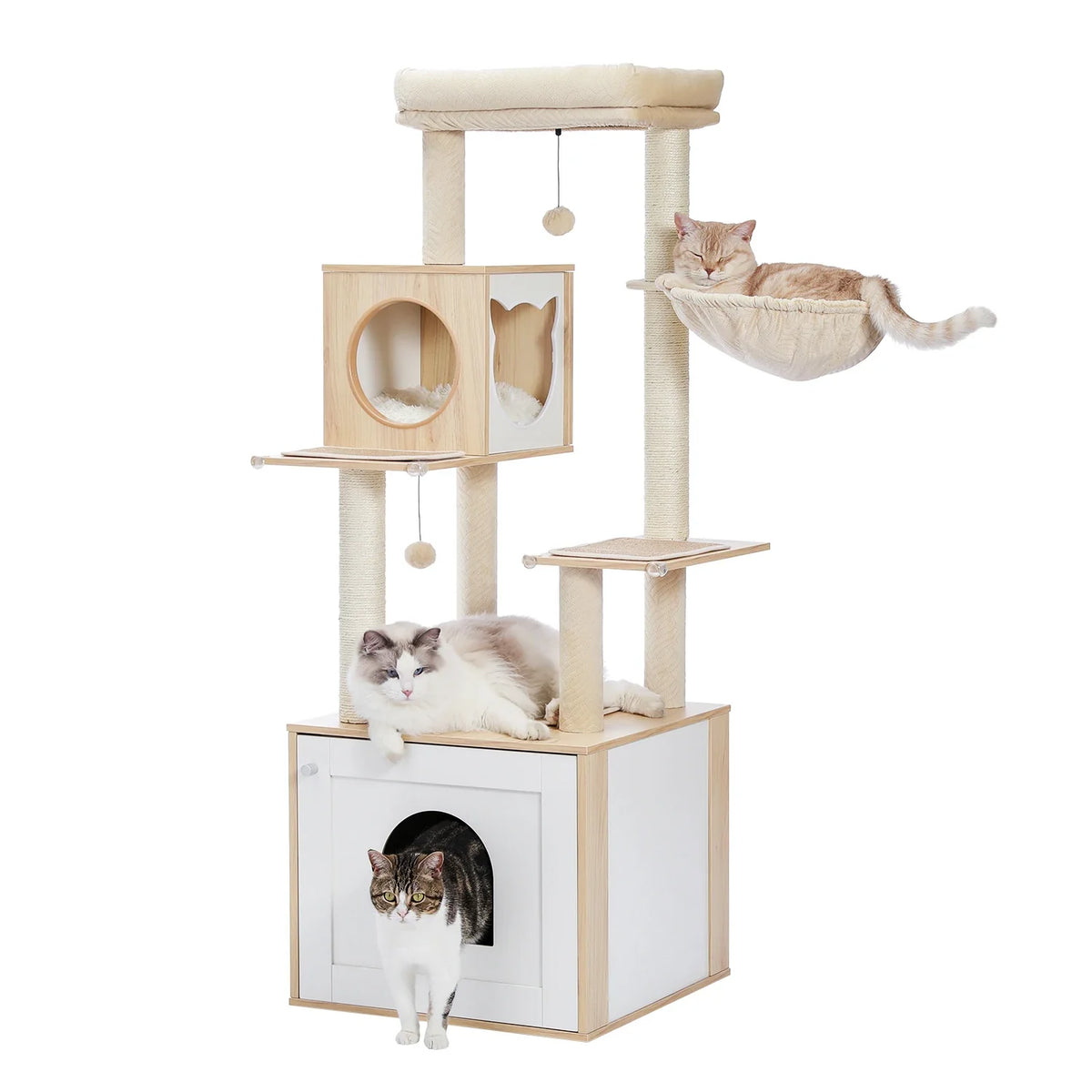 Arbre à chat 144cm bois naturel blanc multi-niveaux, grande niche entrée arche, cabane ronde entrée chat, hamac peluche beige, griffoir sisal, 3 chats