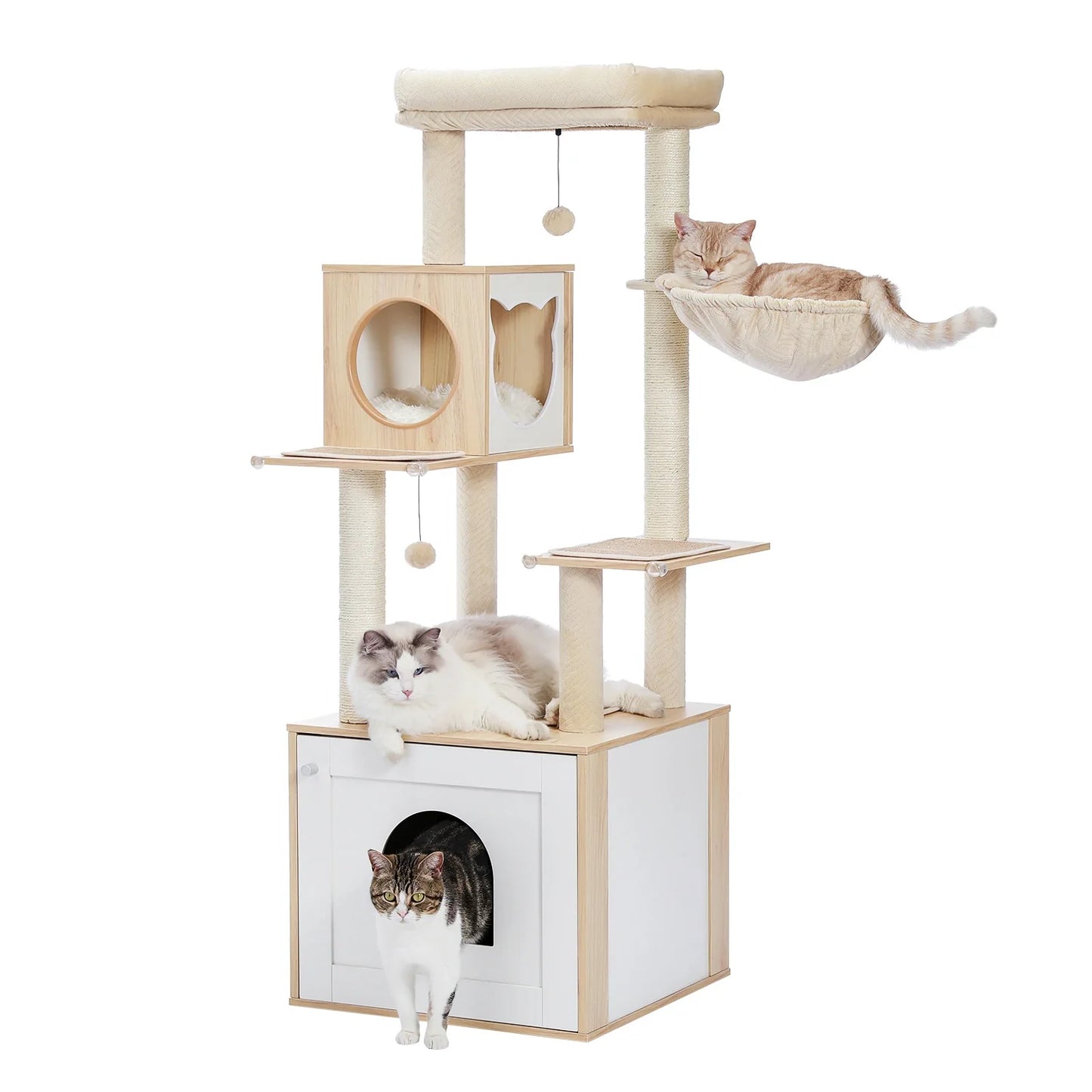 Arbre à chat XXL 144cm bois naturel blanc multi-niveaux, grande niche entrée arche, cabane ronde entrée chat, hamac peluche beige, griffoir sisal, 3 chats