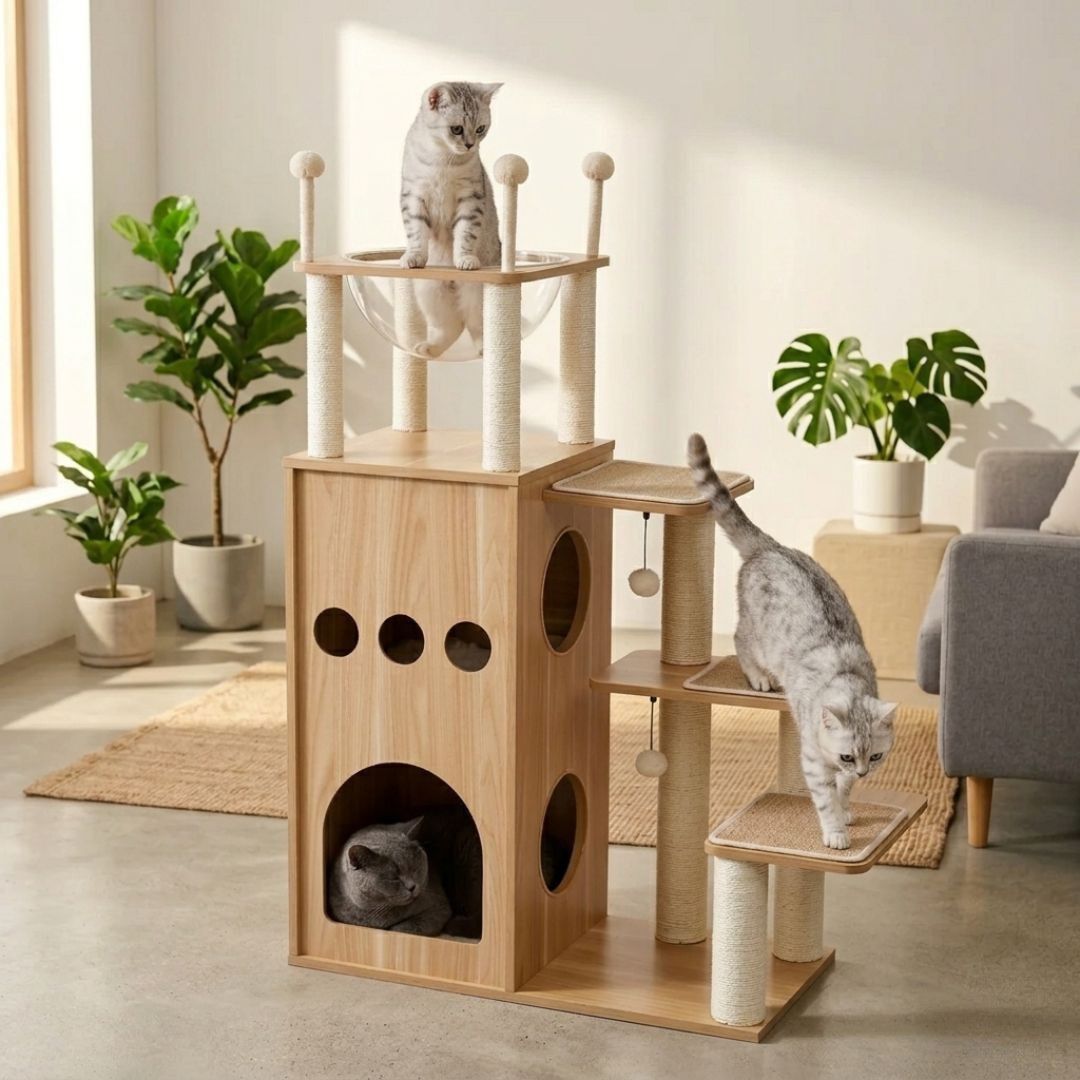 Tour arbre à chat bois naturel 130cm, grande niche arche basse, hublots ronds, escalier sisal 3 marches, hamac transparent, plateforme haute pompons, British Shorthair Scottich Fold appartement