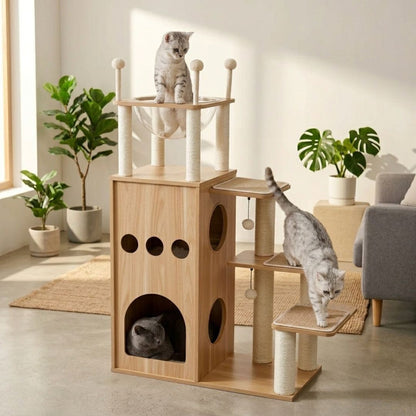 Tour arbre à chat bois naturel 130cm, grande niche arche basse, hublots ronds, escalier sisal 3 marches, hamac transparent, plateforme haute pompons, British Shorthair Scottich Fold appartement