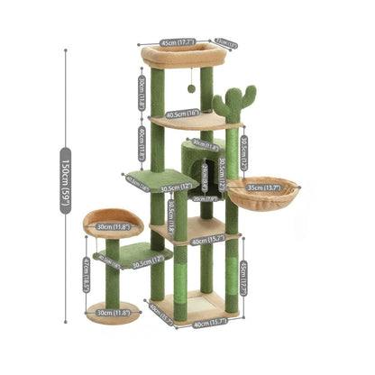 Dimensions arbre à chat cactus vert beige 150cm : base 40x40cm, plateforme haute 45x33cm, cabane 30x30cm, corbeille 35cm, plateforme latérale 30cm, griffoir vert