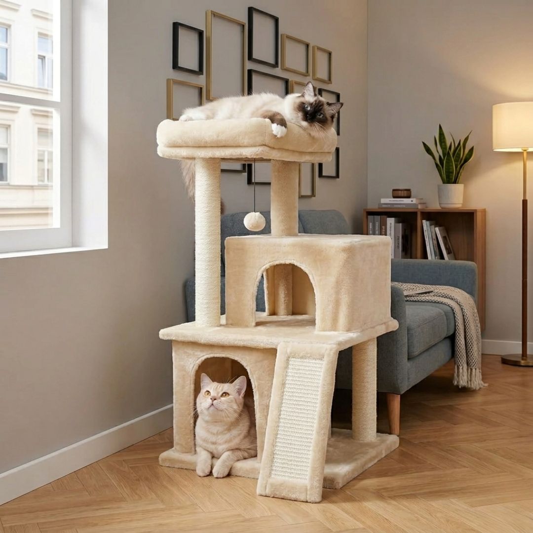 Chat Ragdoll allongé sur plateforme arbre à chat beige compact installé dans petit appartement moderne près fenêtre