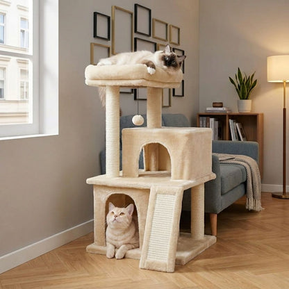 Chat Ragdoll allongé sur plateforme arbre à chat beige compact installé dans petit appartement moderne près fenêtre