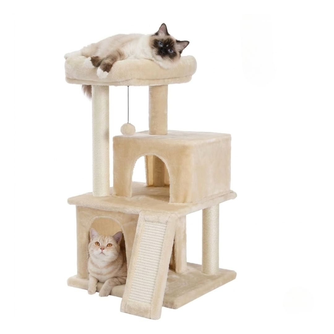 Arbre à chat compact beige 3 niveaux niche griffoir sisal naturel jouet suspendu chaton intérieur